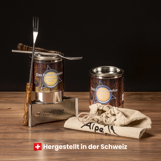AlpeDose Geschenk-Kit Käse mit Dosenfondue, Rechaud, Fonduegabeln und Stoffbeutel