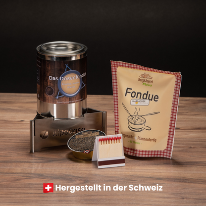 AlpeDose StarterKit: Dosenfondue mit zusammensteckbarem Edelstahl-Rechaud